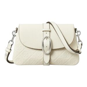 Tory Burch Small T Monogram Soft Pebble Leather Shoulder Bag Warm White